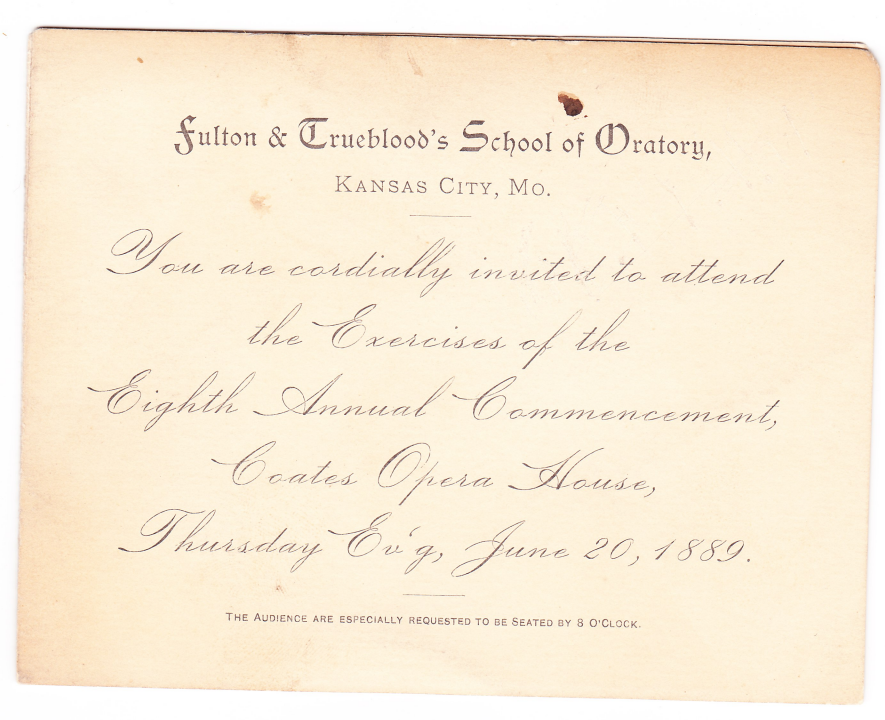 Graduation Invitation Fulton & Trueblood's School of Oratory 18891889 1889