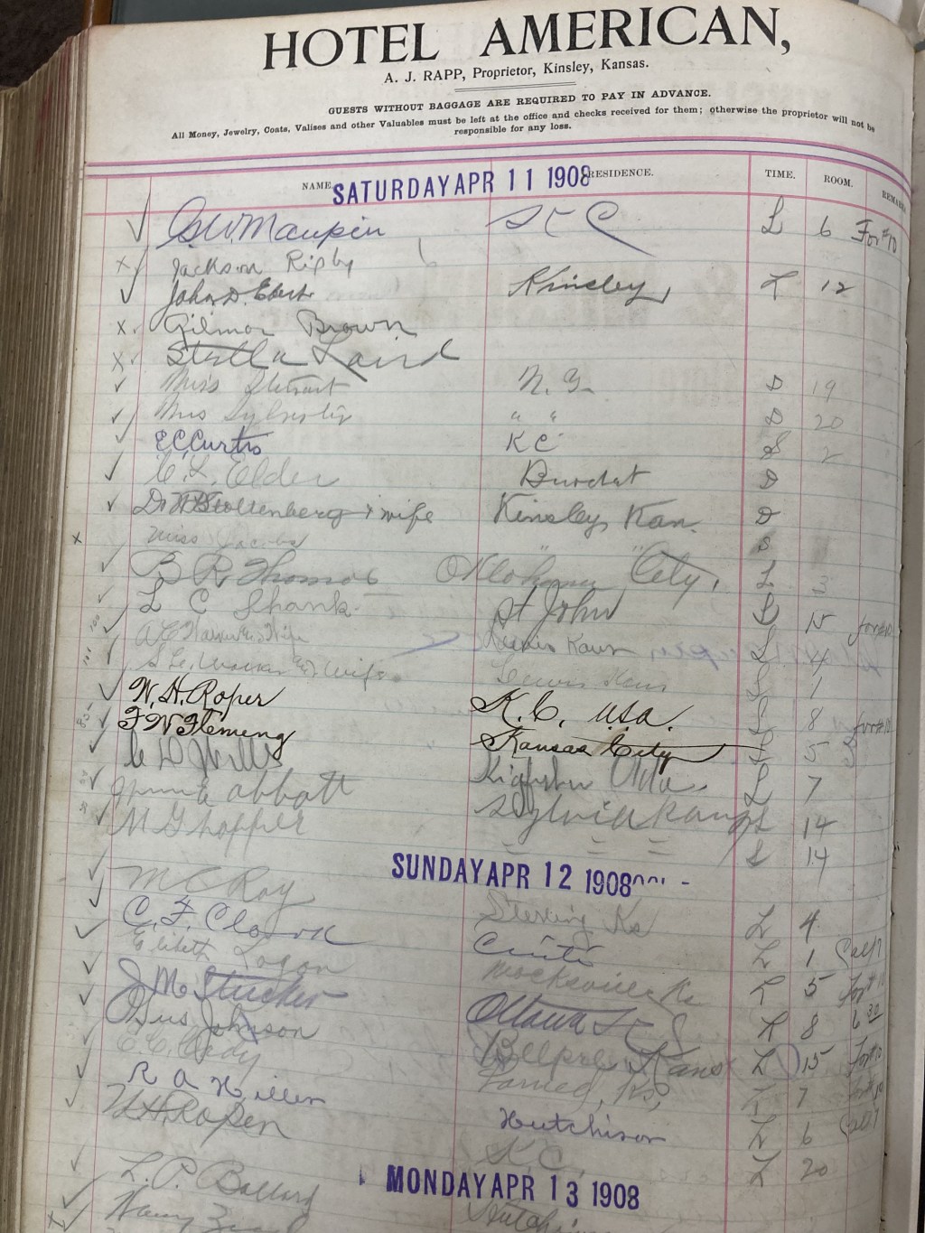 Hotel American Register documenting the May Stewart Company's performance in Kinsley, Kansas on April 11, 1908.